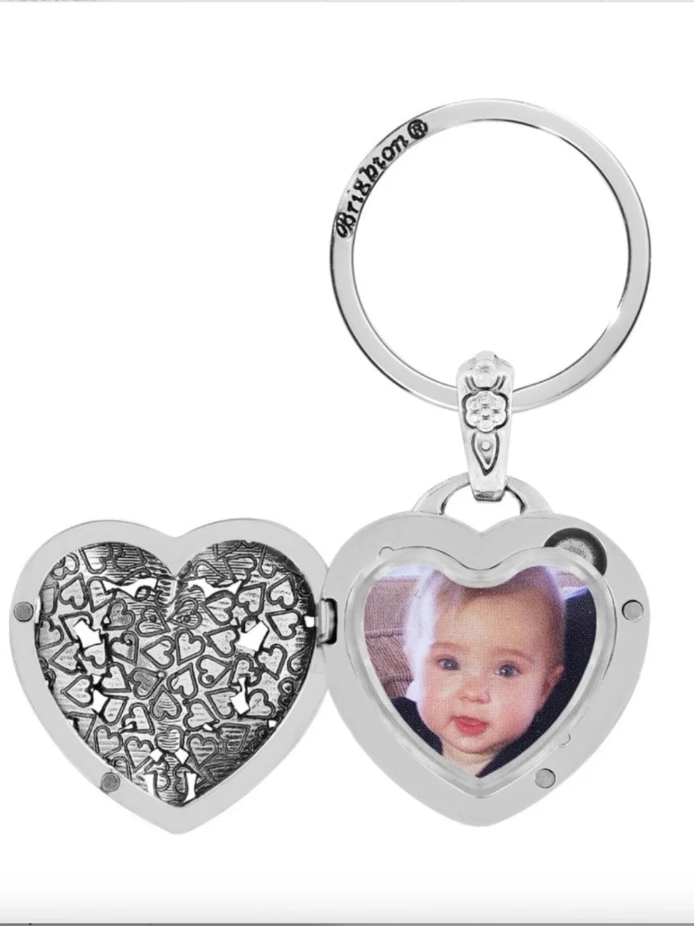 Brighton Floral Heart Locket Key Fob Silver PlatedKeychain Photo Holder